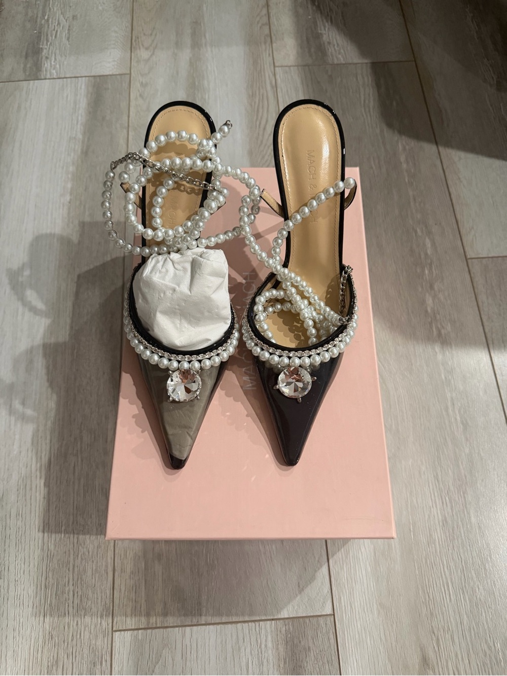 MACH & MACH Black Pearl-Strap Pointed Toe Mules